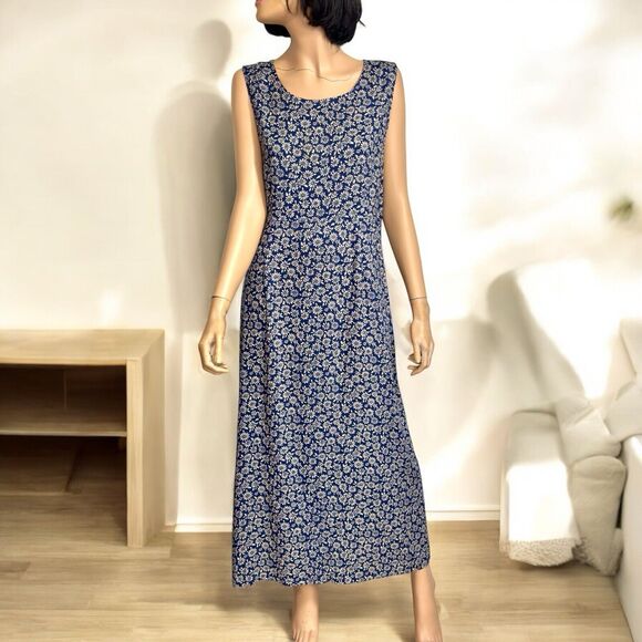 Vintage Y2k 90s Ditsy Floral Boho Maxi Dress 14 Sleeveles Dark Cottagecore Fairy - Picture 2 of 15